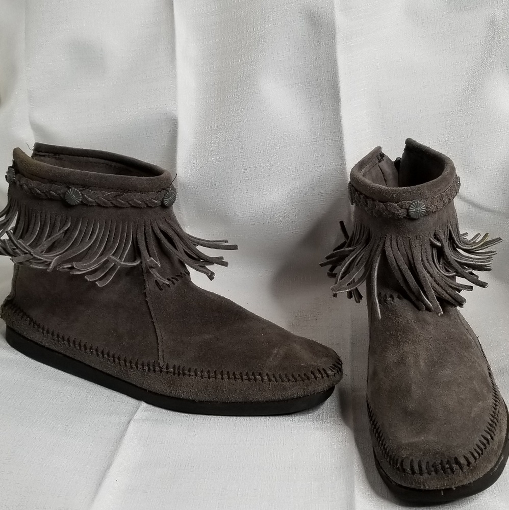 Minnetonka Gray Fringe Ankle Bootie